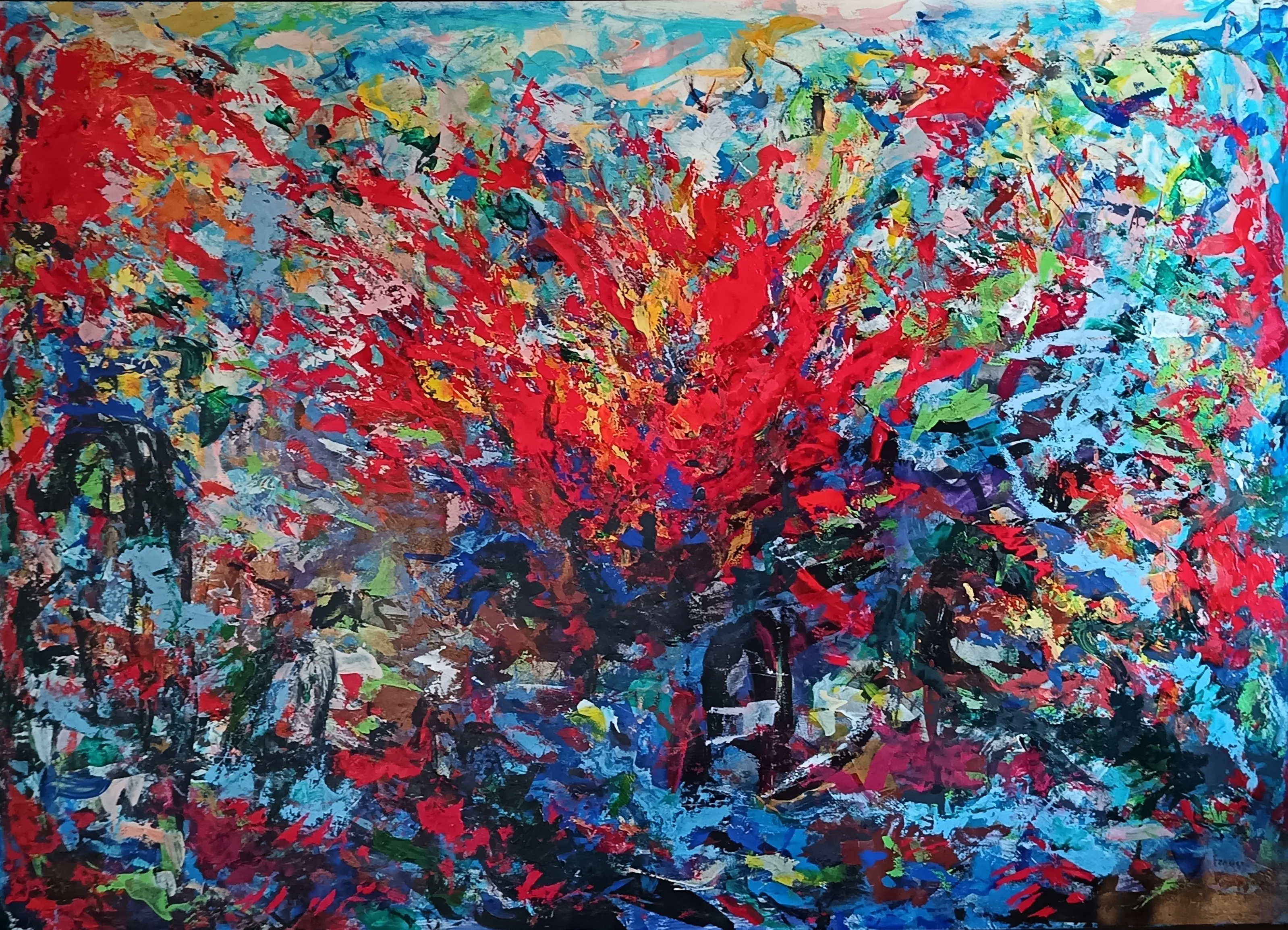 Eruzione interiore, Acrilico e olio su cartone fine art, opera di Franca Lavorato