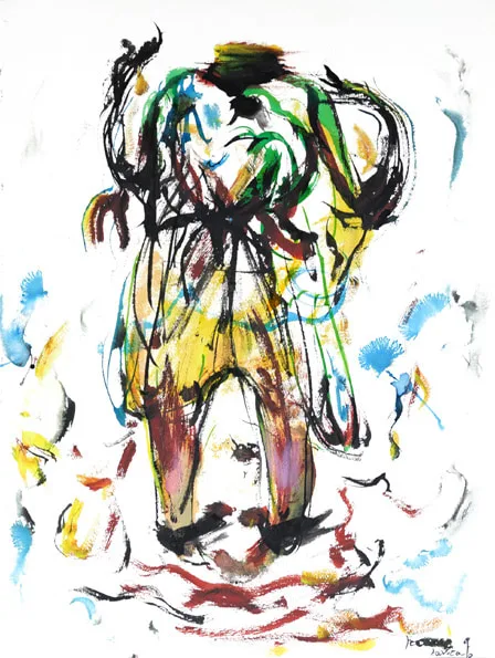 La fatica, China e acrilico su cartoncino cotonato, 2023, opera di Franca Lavorato